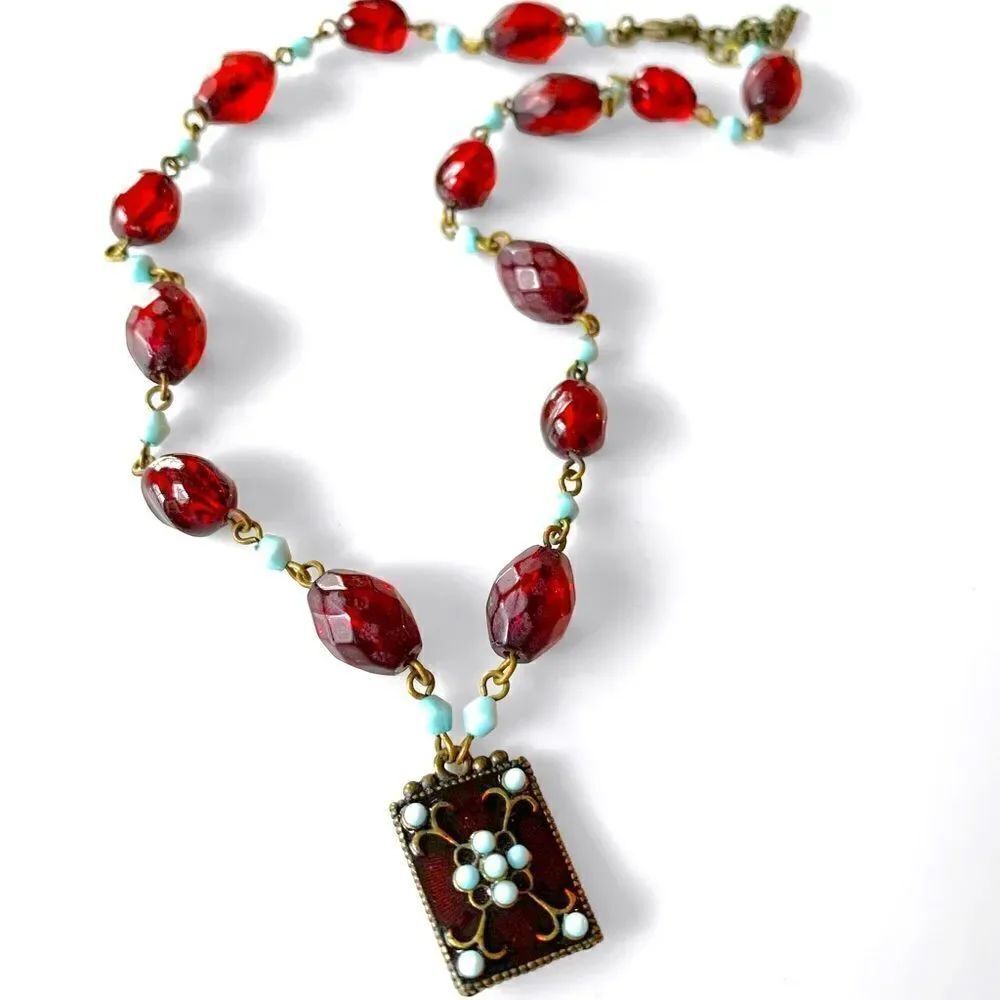 Garnet & Turquoise Bead Pendant Necklace